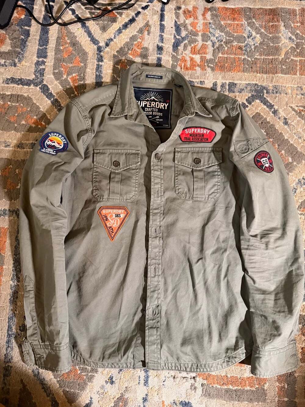 Superdry Trail Long Sleeve Shirt Size M Green Cotton Military Patches